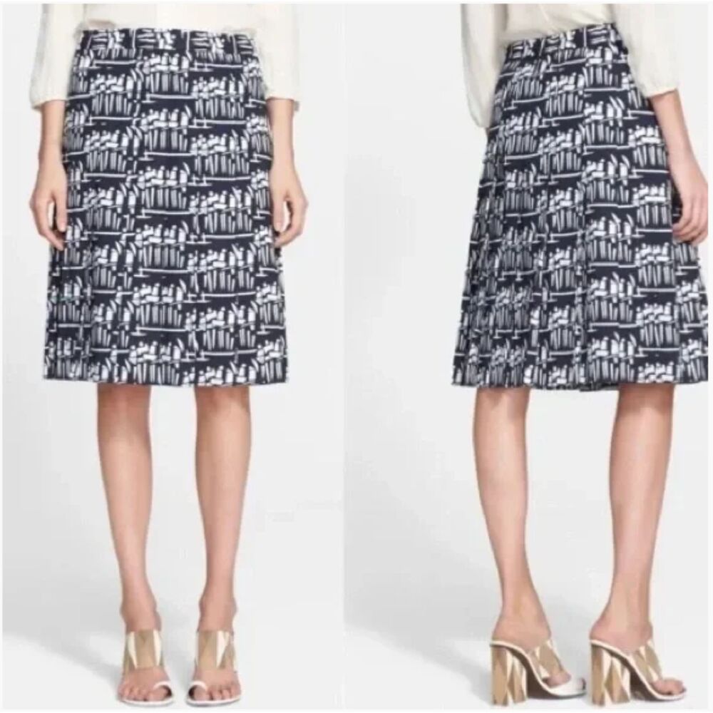 Tory Burch Navy A-Line Pleated Skirt Women 8 Blue Abstract Boho Preppy Office